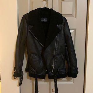 American Eagle Black Sherpa Moto Jacket